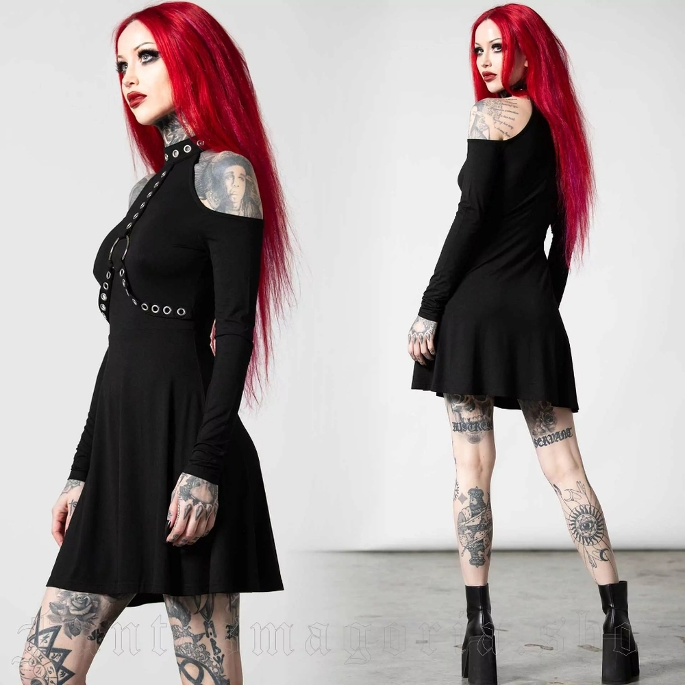 Killstar Goth Black Silver O Ring Grommet Harness Helter Long Sleeve Dress S NWT - Picture 2 of 6